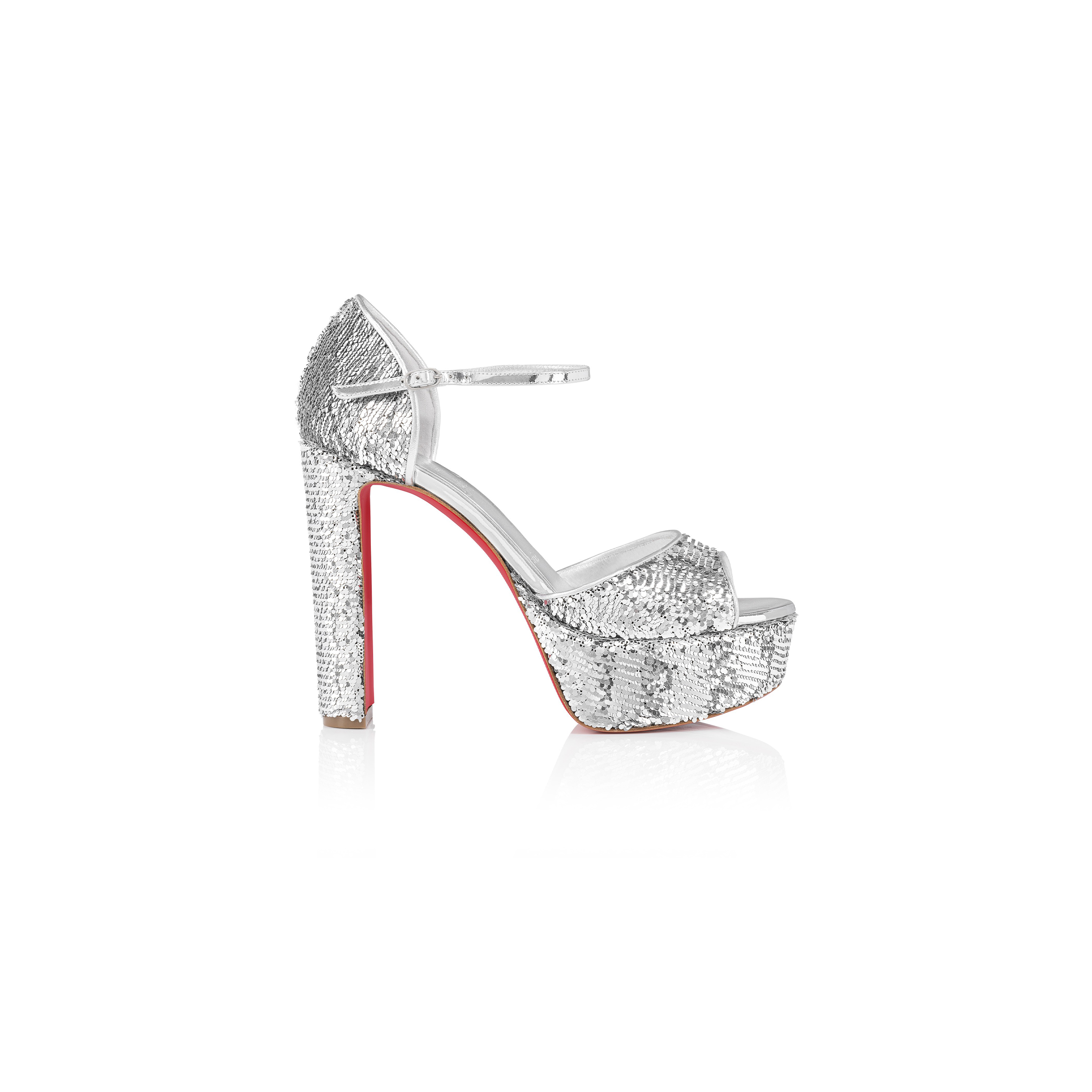 CHRISTIAN LOUBOUTIN SANDALOO MINI PAILLETTES 130 MM STRAPPY SANDALS-CREPE SATIN AND SEQUINS-VERSION SILVER-WOMEN 1250312S281